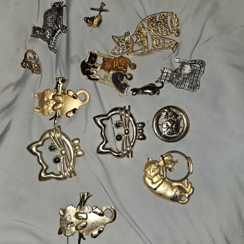 Gold and Silver Cat Brooch Set